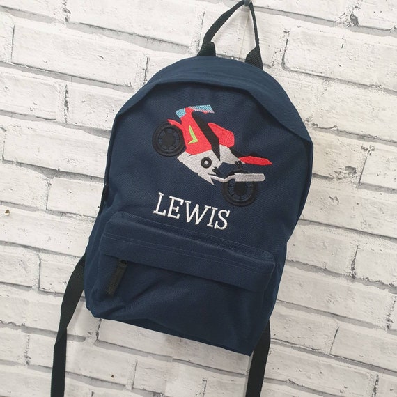 Personalised Motorbike Toddler Backpack, Embroidered Motorcycle Rucksack, Nursey, School Bag, Unisex, Boy, Girl, Sports Bike Bag