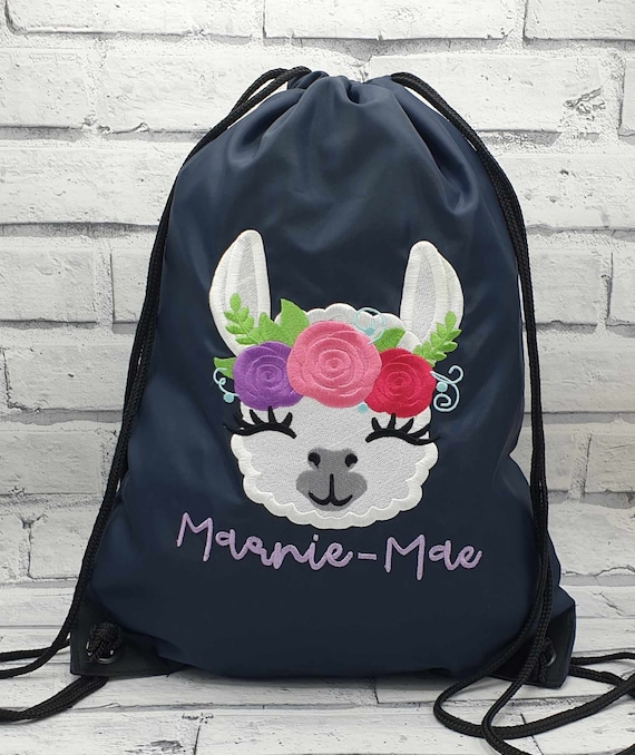 Personalised Llama PE Bag, Embroidered Llama Swimming Bag, Girl Llama Drawstring Bag, Personalised Gym Bag