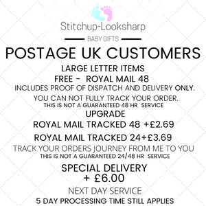 May include: Postage rates for UK customers for large letter items. Free Royal Mail 48 service includes proof of dispatch and delivery only. You can not fully track your order. This is not a guaranteed 48 hour service. Upgrade options include Royal Mail Tracked 48 for &pound;2.69, Royal Mail Tracked 24 for &pound;3.69, and Special Delivery for &pound;6.00. Next day service applies. 5 day processing time still applies.