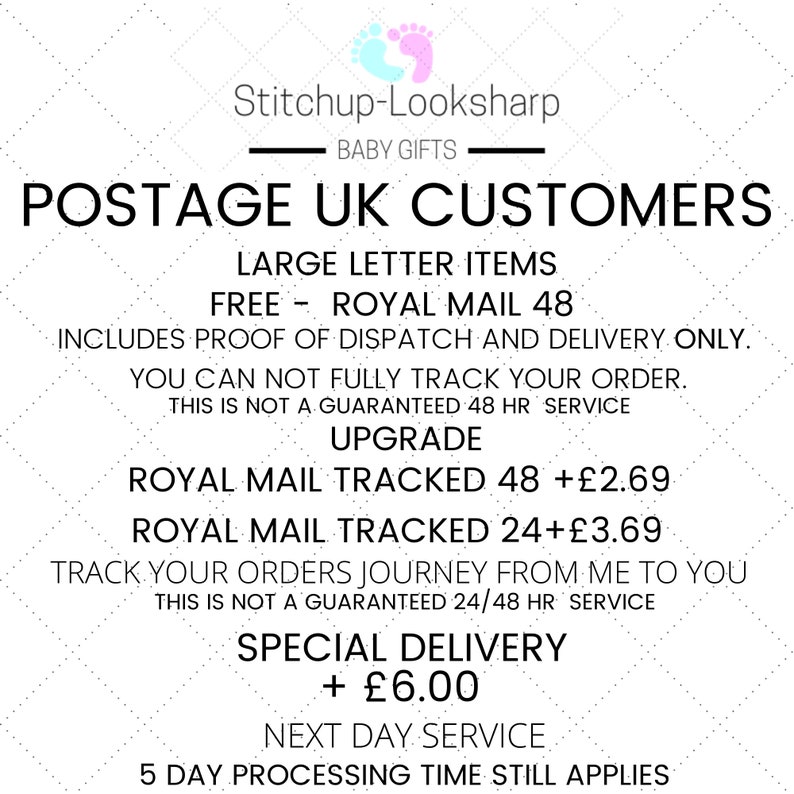 May include: Postage rates for UK customers for large letter items. Free Royal Mail 48 service includes proof of dispatch and delivery only. You can not fully track your order. This is not a guaranteed 48 hour service. Upgrade options include Royal Mail Tracked 48 for &pound;2.69, Royal Mail Tracked 24 for &pound;3.69, and Special Delivery for &pound;6.00. Next day service applies. 5 day processing time still applies.