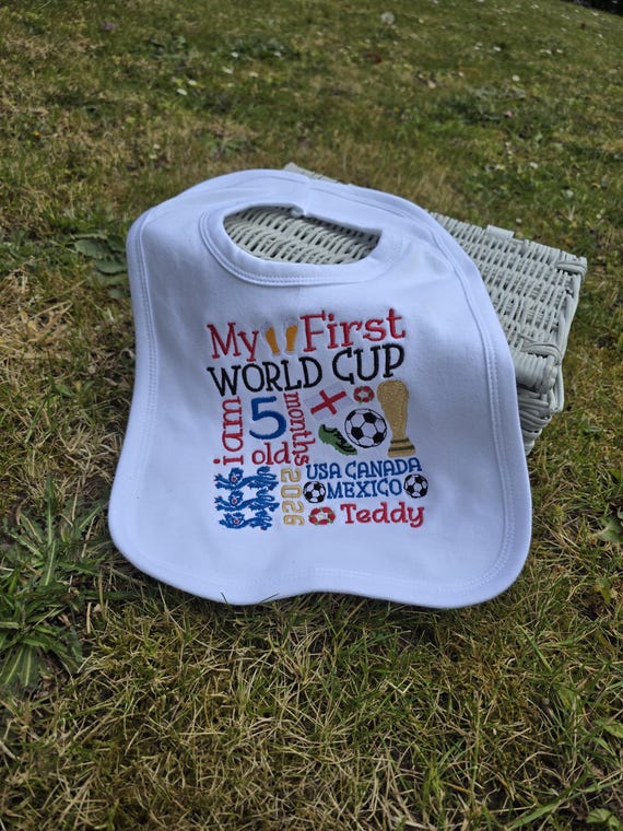 Personalised My First World Cup Bib, Embroidered Football Teething Bib, World Cup 2026 Milestone Keepsake, Three Lions