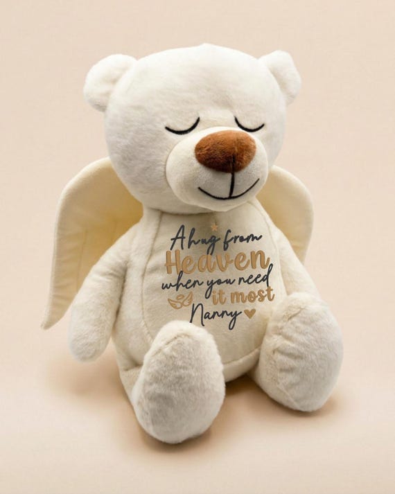 Personalised Hug From Heaven Teddy Bear, Embroidered Memorial Stuffed Animal, Angel Bear Bereavement Gift