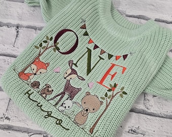 Personalised 1st Birthday Jumper, Embroidered Birthday Knitted jumper, Personalised Birthday Sweater, Embroidered Woodland Themed Jumper