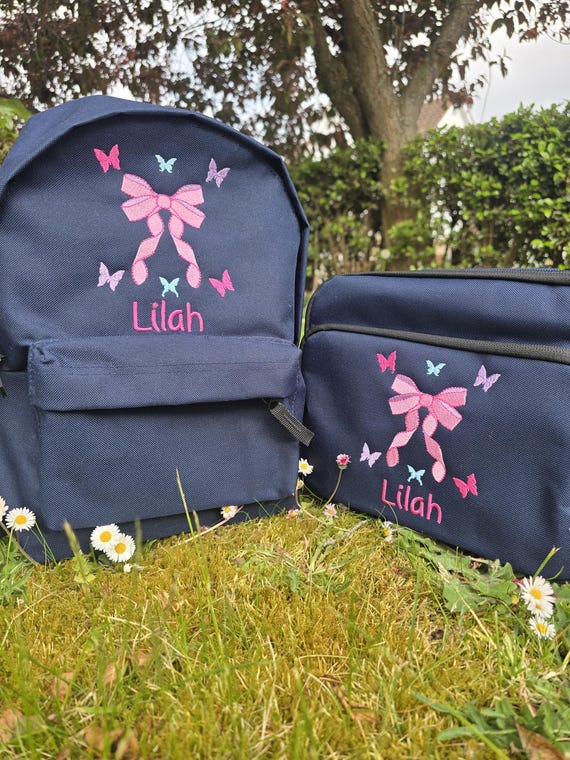 Personalised Toddler Rucksack and Lunch Bag Set, Embroidered Butterfly Backpack, bow Lunch Box, Cooler Bag,Nursery Bag, Girls Bag