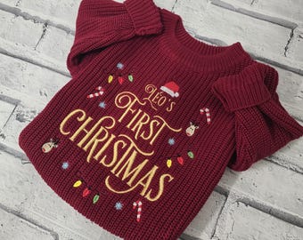 Personalised First Christmas Jumper, Embroidered Oversized Christmas Knitted jumper, Embroidered 1st Christmas Sweater, First Christmas Gift