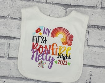 Personalised First Bonfire Night Bib, Embroidered Rainbow 1st Fireworks Night Baby Bib, Baby Gift