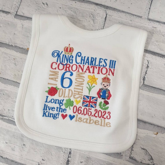 Personalised Coronation Baby Bib, Embroidered King Charles III Cononation Bib, Kings Coronation Bib