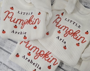 Personalised Halloween Jumper, Embroidered Halloween Knitted jumper, Little Pumpkin Baby Jumper, Embroidered Pumpkin Sweater, Halloween Gift