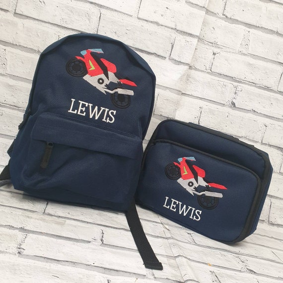 Personalised Motorbike Backpack and Lunch Bag Set, Embroidered Motorcycle Rucksack, Sports Bike Lunchbox, Toddler Rucksack and Lunchbag set