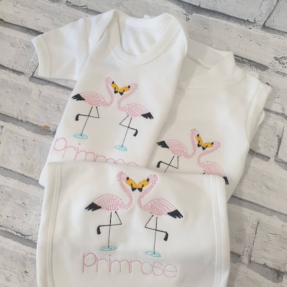 Personalised Baby Gift Set, Embroidered, Bib, Baby Vest, Sleepsuit, Romper, New Born Gift, Named Gift Set, Flamingo Design