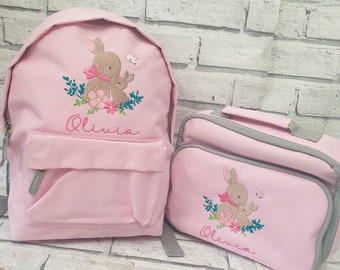 Personalisierter Kleinkind Rucksack und Lunch Bag Set, bestickter Hasen Rucksack, gestickte Hase Lunchbox, Baby Hase Rucksack und Lunchbox