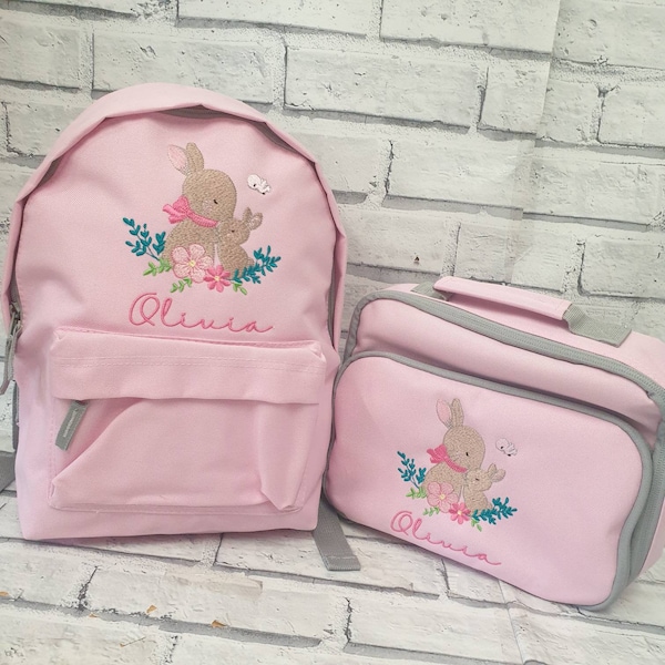 Personalised Toddler Backpack and Lunch Bag Set, Embroidered Bunny Backpack, Embroidered Bunny Lunchbox, Baby bunny Rucksack And Lunch Box