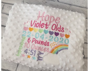 Personalised Rainbow Baby blanket, Embroidered Luxury Dimple Blanket, Full Birth Detail, Gift