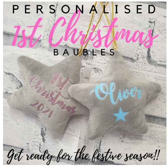 Personalised 1st Christmas Bauble, Plush Christmas Tree Ornament, Secret Santa Gift, Grey Christmas Star Bauble, Hanging Star Decoration