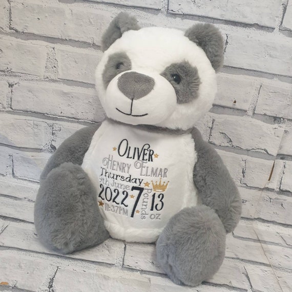 Personalised Teddy Bear, Embroidered Panda Teddy Bear, Teddy Bear With Birth Details, Embroidered Baby Gift