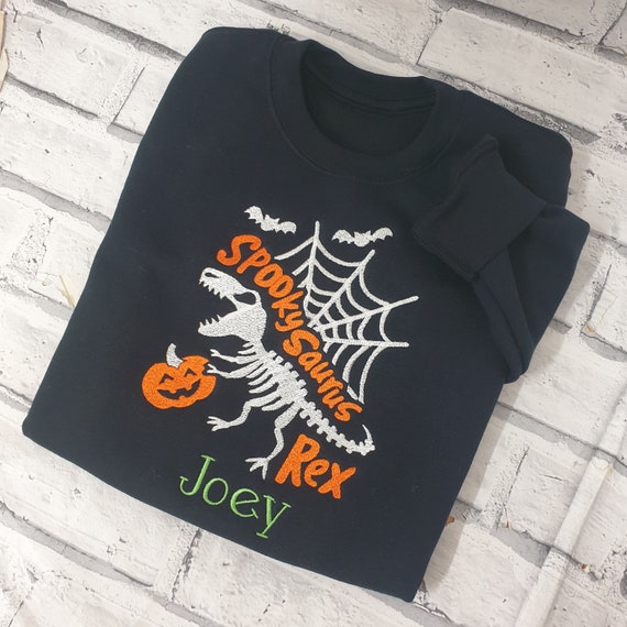 Personalised Halloween Sweatshirt, Embroidered Halloween Dinosaur Jumper, Personalised Halloween Skelton Sweatshirt, Spooky Saurus Jumper