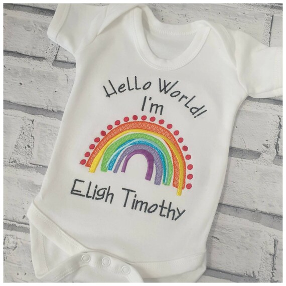 Personalised Rainbow Baby Vest, Embroidered Hello World Baby Bobysuit, Baby Gift