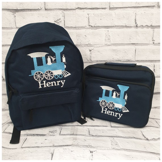 Personalised  Backpack and Lunch Bag Set, Rucksack, Lunch Box, Cooler Bag, Train Design, Nursery Bag, School Bag