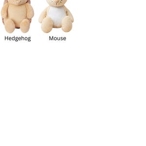 May include: Two plush toys, a hedgehog and a mouse. The hedgehog has a tan body, a dark brown spiky back, and a stitched face. The mouse is light beige with large rounded ears, a white belly, and a stitched face. The text Hedgehog and Mouse appears.