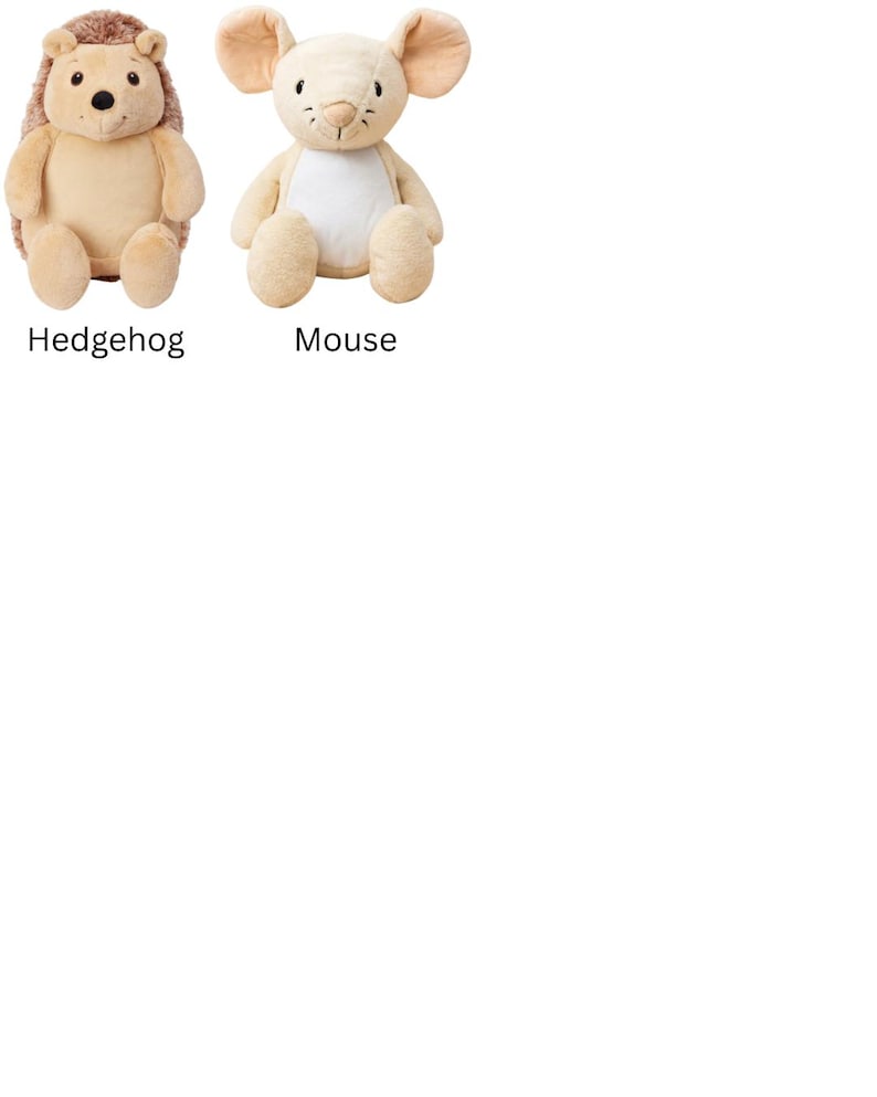 May include: Two plush toys, a hedgehog and a mouse. The hedgehog has a tan body, a dark brown spiky back, and a stitched face. The mouse is light beige with large rounded ears, a white belly, and a stitched face. The text Hedgehog and Mouse appears.