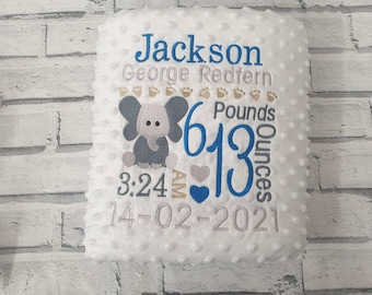 Personalisierte Elefantendecke, gestickte Luxus-Grübchen-Babydecke, volle Geburtsdetails, Geschenk