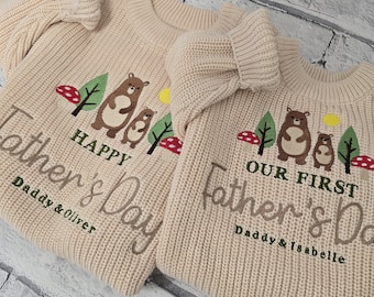Personalised Our First Fathers Day Knitted Jumper, New Daddy Embroidered Jumper, Woodland Bear Sweater