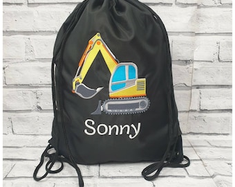 Personalised Digger PE Bag, Embroidered Swimming Bag, Gym Sac, Dance Bag