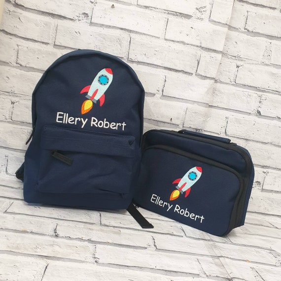 Personalised Toddler Backpack and Lunch Bag Set,  Embroidered Rocket Rucksack,  Rocket Lunch Box, Cooler Bag, Nursery Bag, Space School Bag