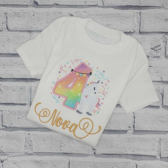 Personalised Birthday T Shirt, Embroidered 4th Birthday T Shirt, Unicorn Birthday T Shirt, Personalised Fourth Birthday Unicorn T shirt