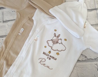 Personalised Coming Home Out Fit, Embroidered Hello World Baby Sleepsuit And Hat Set, Birth Announcement Romper
