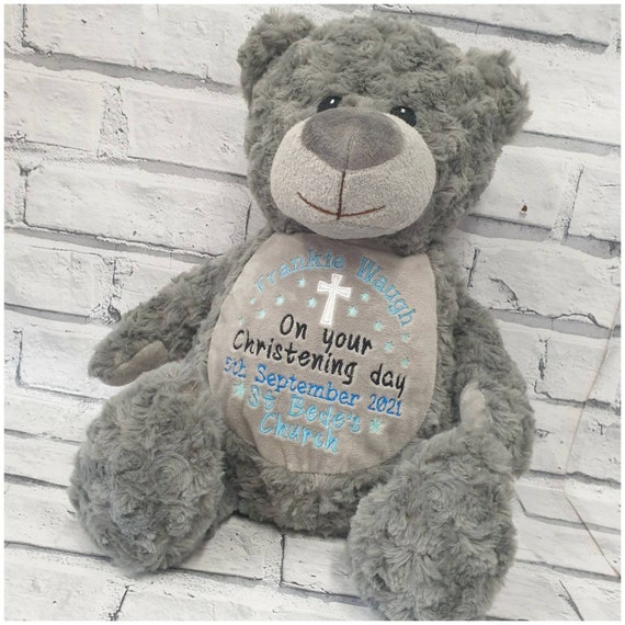 Personalised Christening Teddy Bear, Embroidered Baptism Bear, Baby Naming Day, Grey Personalised Teddy Bear