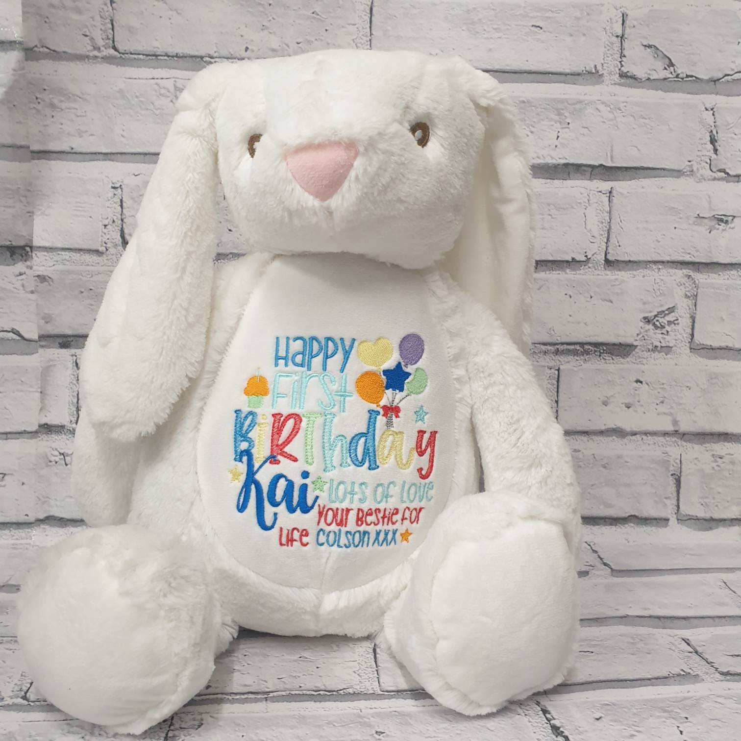 Personalised First Birthday Rabbit Teddy Bear , Embroidered 1st Birthday Gift, Embroidered bunny