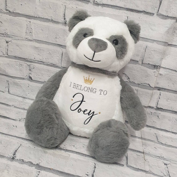 Personalised Teddy Bear, Embroidered Baby Teddy, New Baby Gift, Grey And White Panda, Prince Crown Design, Regal Teddy
