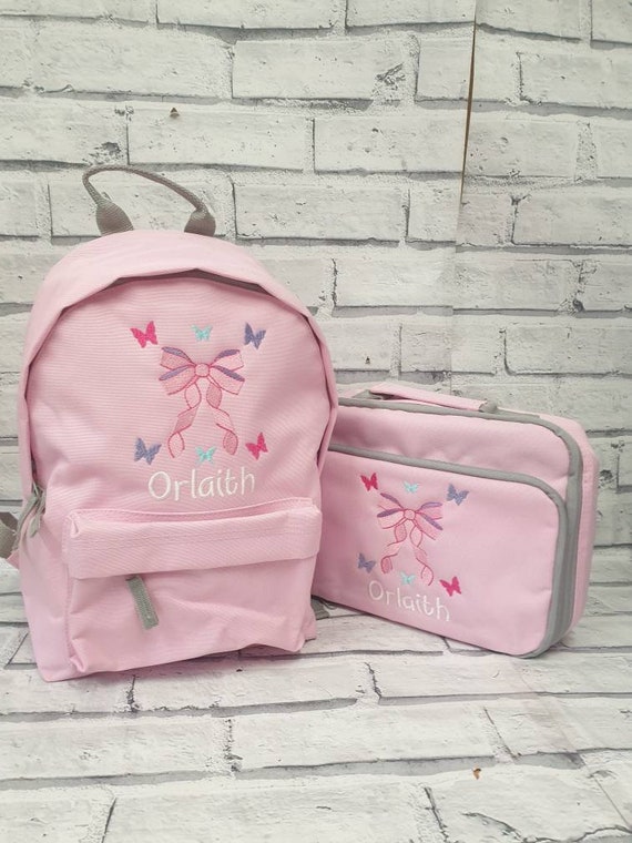 Personalised Toddler Rucksack and Lunch Bag Set, Embroidered Butterfly Backpack, bow Lunch Box, Cooler Bag,Nursery Bag, Girls Bag