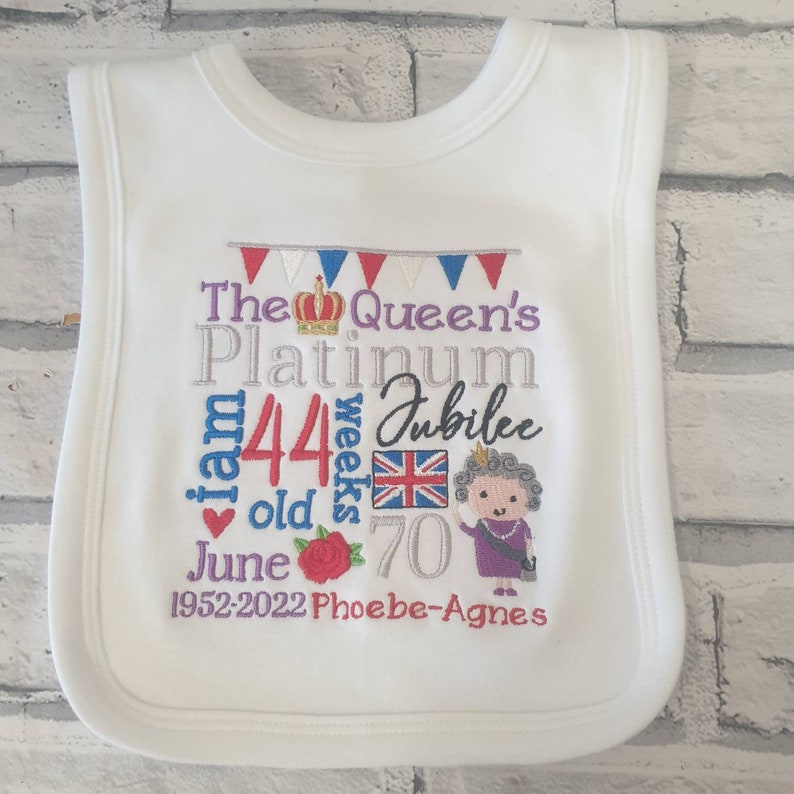 Personalised Jubilee Baby Bib, Embroidered Queen's Patinum Jubilee Bib, Queens Jubilee Bib 