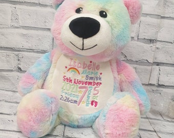 Peluche personalizzato per neonato, con dettagli di nascita ricamati, morbido giocattolo, regalo per neo genitori, orsacchiotto personalizzato con statistiche di nascita