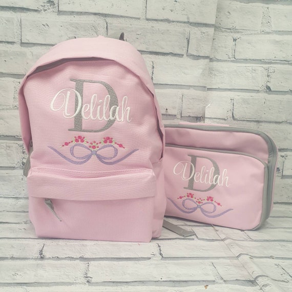 Personalised Toddler Backpack and Lunch Bag Set,Rucksack, Lunch Box, Cooler Bag, Flower And Bow Design, Nursery Bag, Flower School Bag