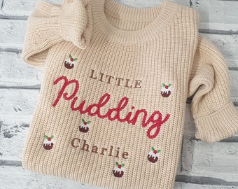 Personalised Christmas Jumper, Embroidered Christmas Knitted jumper, Little Pudding Baby Jumper, Embroidered Pudding Sweater, Christmas Gift