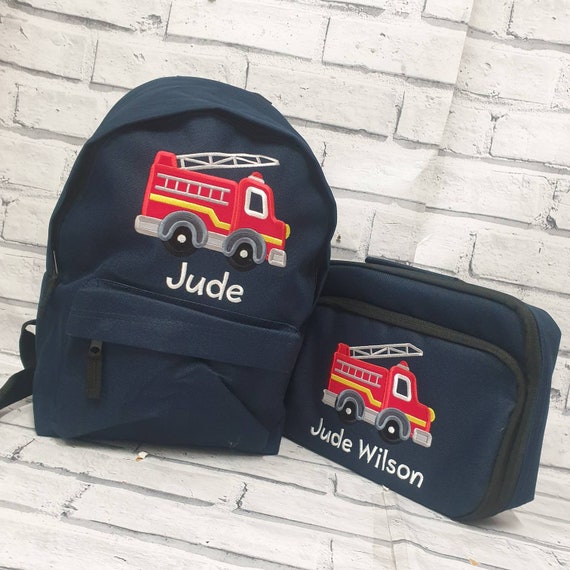 Personalised  Fire Engine Backpack and Lunch Bag Set, Embroidered Fire Truck Toddler  Rucksack, Lunch Box, Cooler Bag, Nursery Bag,