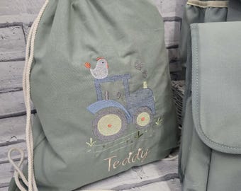 Personalisierte Kordelzugtasche, Gestickter Traktor PE-Beutel für Kinder, Benutzerdefinierte Kinderschwimmtasche, Bauernhof-Thema Kindergartentasche, Named Kids Kit Bag