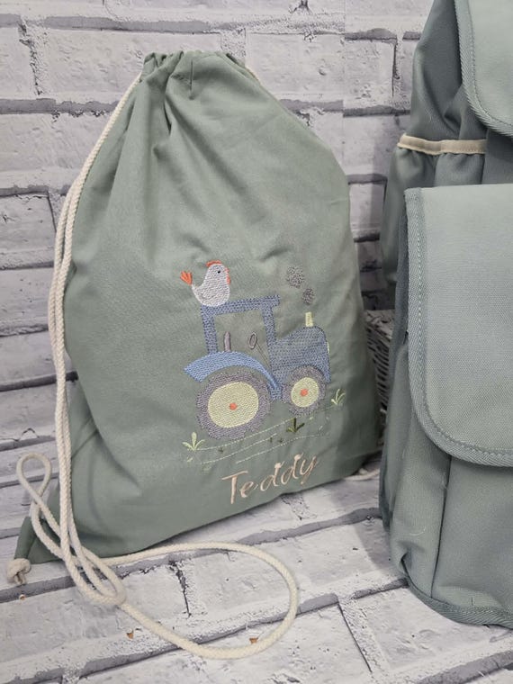 Personalised Drawstring Bag, Embroidered Tractor Child's PE Bag, Custom Children's Swimming Bag, Farm Theme Nursery Bag, Named Kids Kit Bag