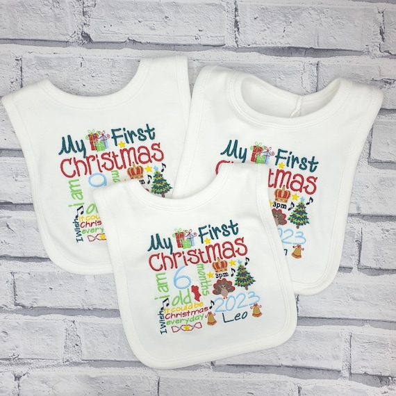 Personalised My First Christmas Bib - Embroidered 1st Christmas Baby Bib with Custom Name and Age - Personalized Baby Christmas Gifts