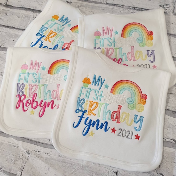 Personalised First Birthday Bib, Embroidered Rainbow 1st Birthday Baby Bib, Baby Gift