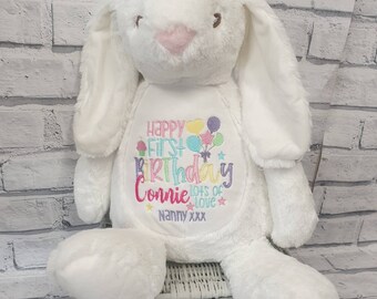 Personalised First Birthday Rabbit Teddy Bear , Embroidered 1st Birthday Gift, Embroidered bunny, Girl Or Boy, Embroidered Bears