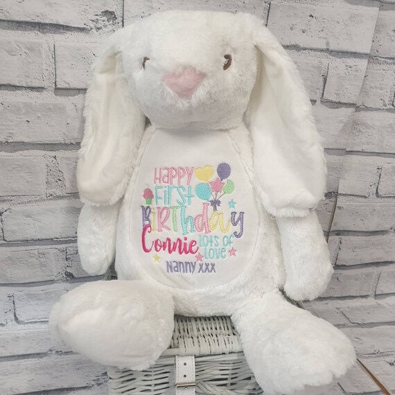 Personalised First Birthday Rabbit Teddy Bear , Embroidered 1st Birthday Gift, Embroidered bunny, Girl Or Boy, Embroidered Bears