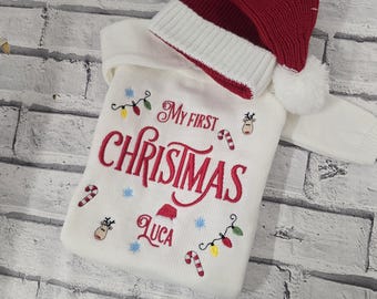 Personalised Embroidered My First Christmas Knitted Romper With Santa Hat, Baby's 1st Christmas Clothing, Cute New Baby Gift Ideas