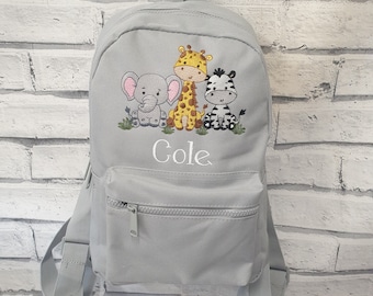 Personalised Toddler Backpack, Embroidered Safari Backpack, Baby Safari Nursery Bag, Embroidered Preschool Safari Rucksack, Zebra, Elephant