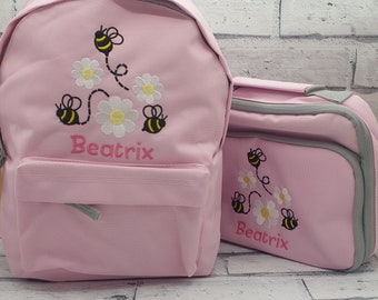 Personalised Toddler Backpack and Lunch Bag Set, Embroidered Bee Backpack, Personalised Daisy Lunchbox, Daisy And Bee Rucksack And Lunch Box