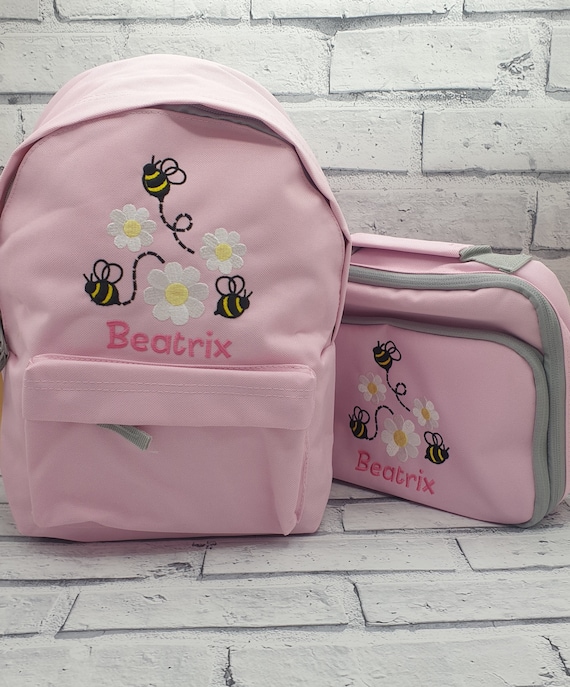 Personalised Toddler Backpack and Lunch Bag Set, Embroidered Bee Backpack, Personalised Daisy Lunchbox, Daisy And Bee Rucksack And Lunch Box