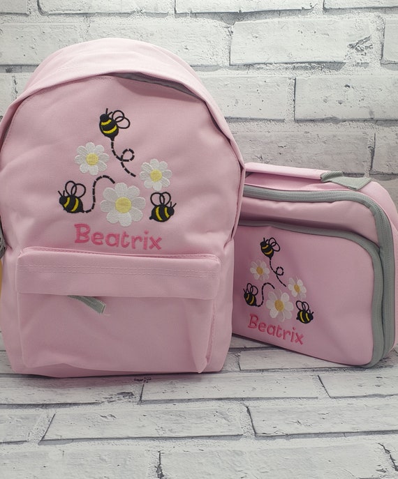 Personalised Toddler Backpack and Lunch Bag Set, Embroidered Bee Backpack, Personalised Daisy Lunchbox, Daisy And Bee Rucksack And Lunch Box